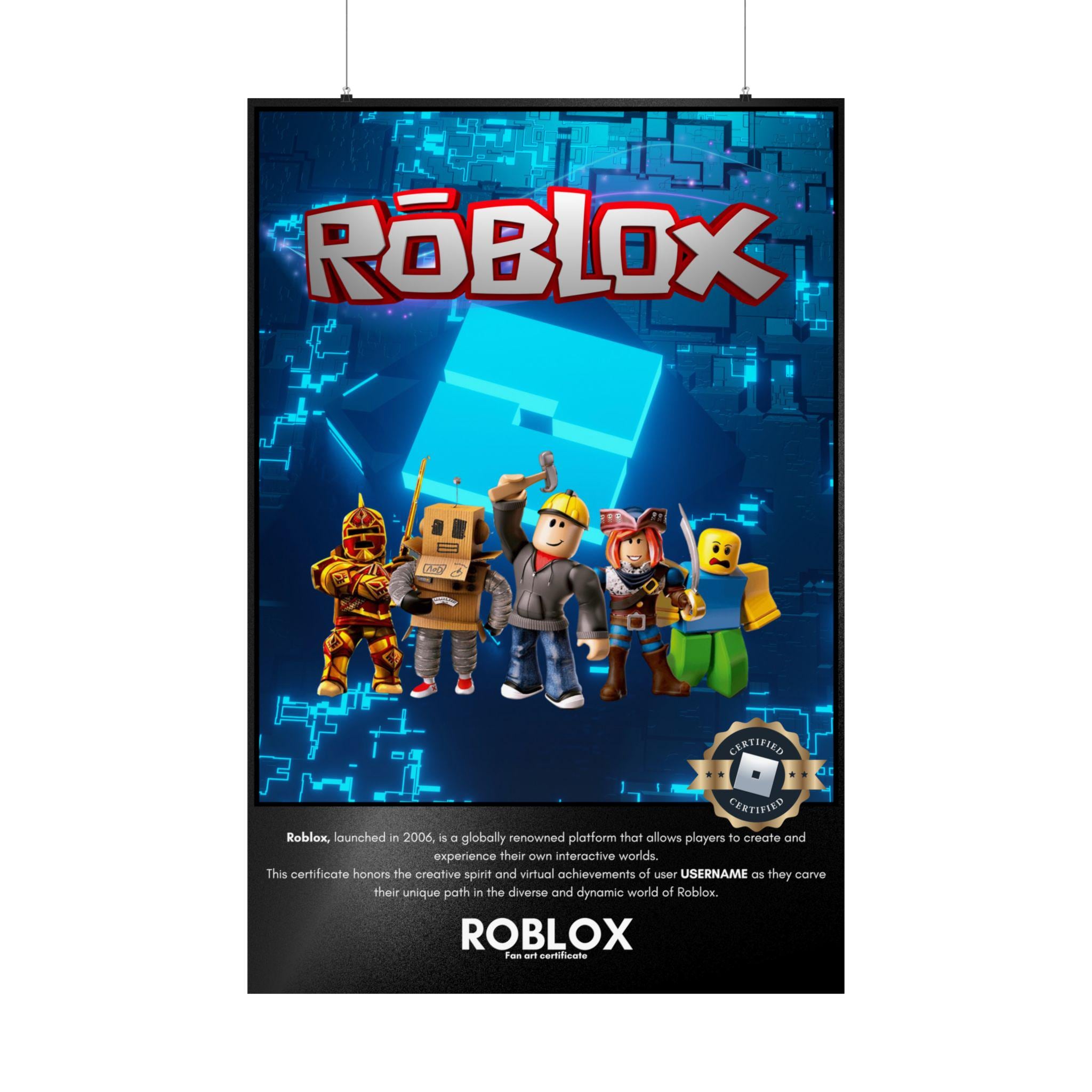 2048x2048 Roblox Poster Certificate Fan Made Premium Matte, Personalized Virtual Achievements Celebration, Matte Vertical Posters, Username, Nickname