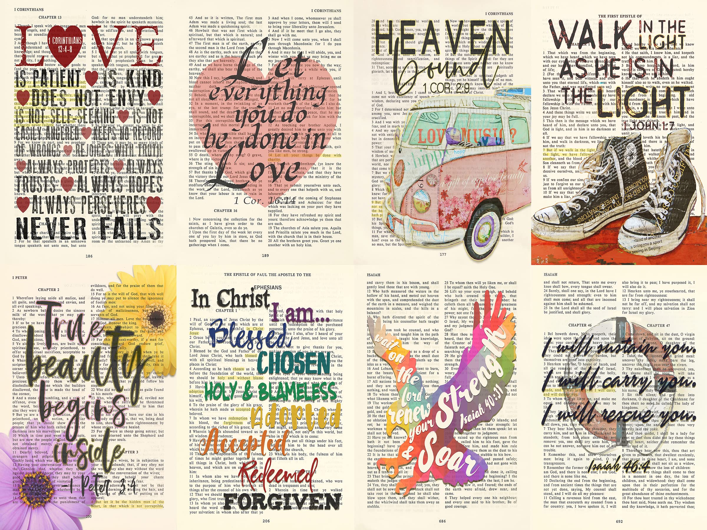 2400x1800 ART FOR THE MASSES Set 1 20 Piece Colorful Bible Page Verse Print Kit Gift, Teen Room Wall, Dormitory Bedroom Decorations, Vintage Aesthetic, 5x7 Inches : Home & Kitchen