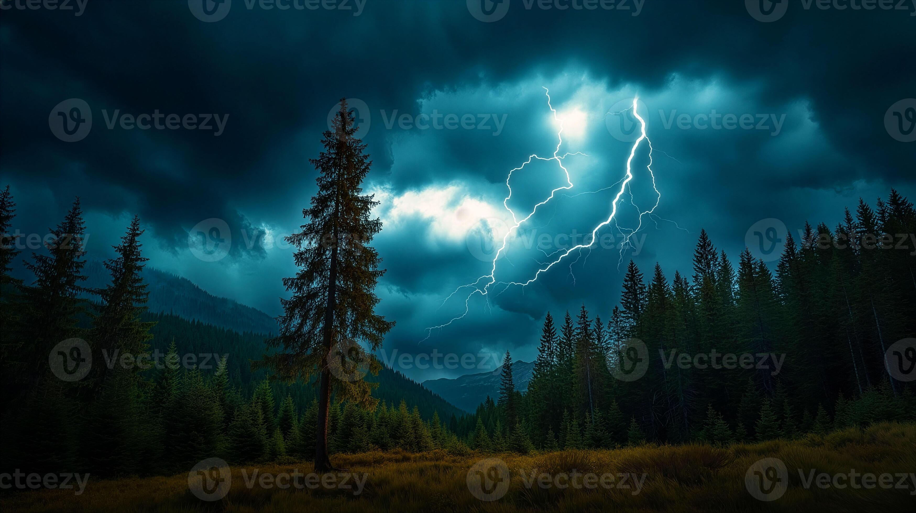 3497x1960 Lightning striking forest trees during night thunderstorm