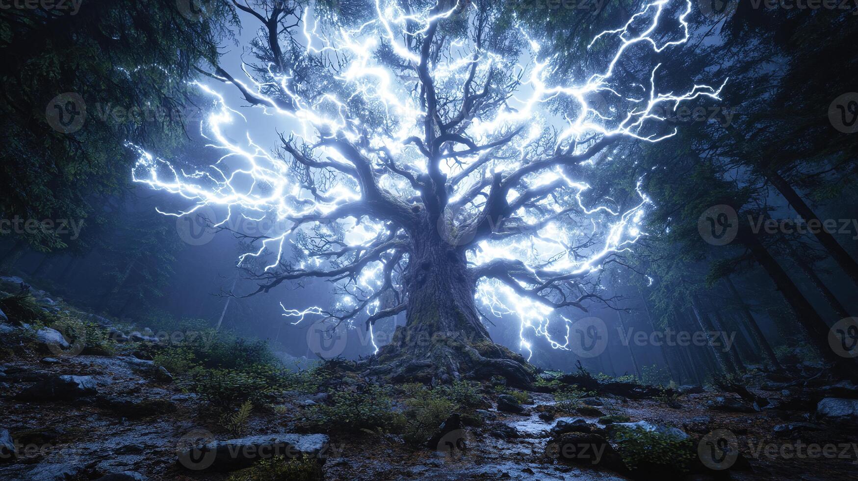1749x980 Ancient tree illuminated by branching lightning in dark forest