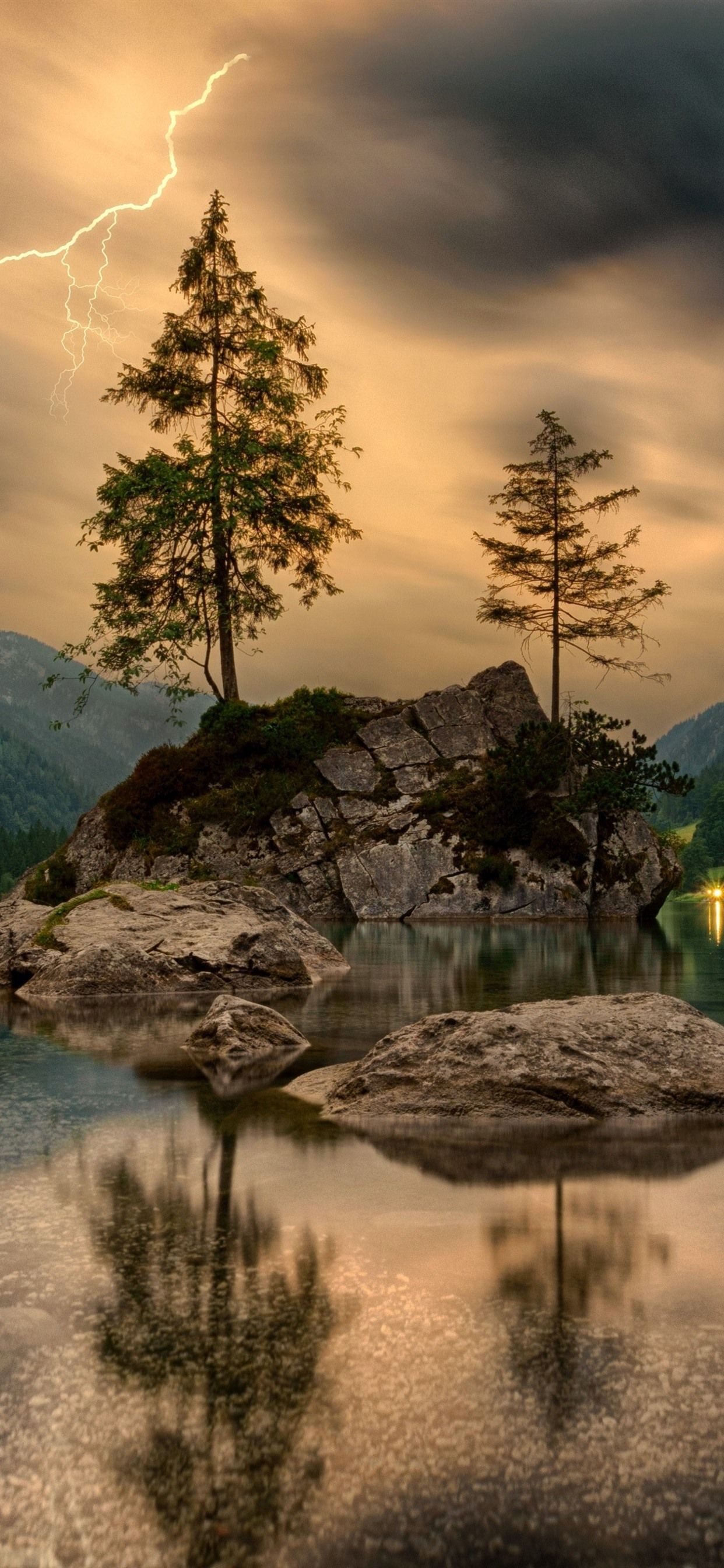 1242x2688 Wallpaper Lightning, trees, lake, stones, mountains, houses, lights 5120x2880 UHD 5K Picture, Image