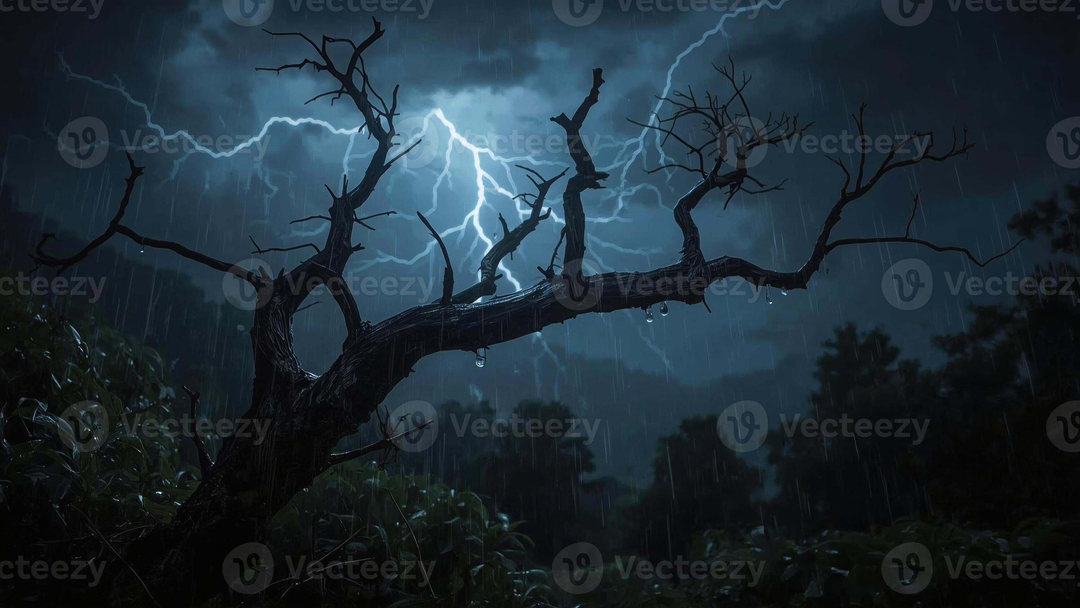 3484x1960 Dramatic lightning strikes illuminate a stormy night sky over a desolate, twisted tree in a dense forest