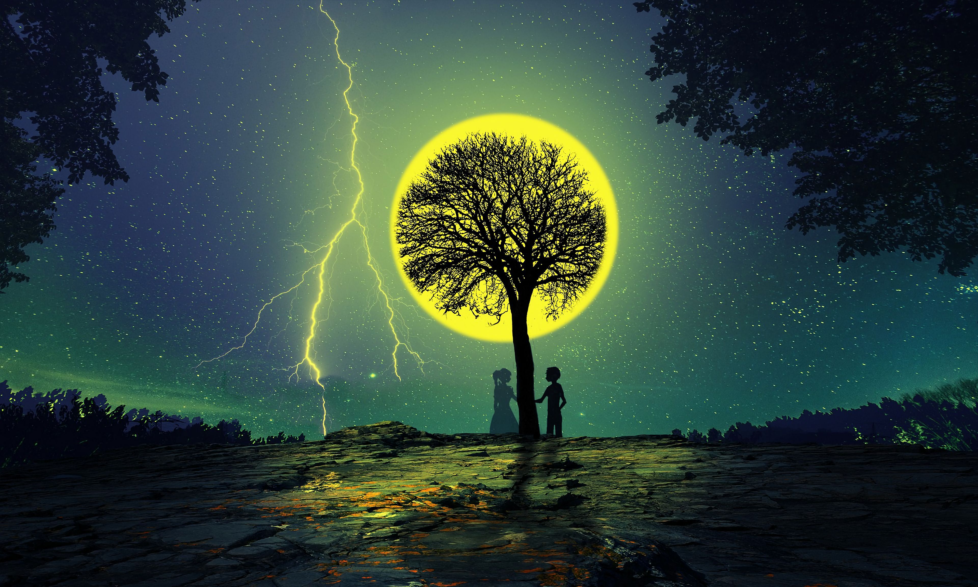 3840x2304 Phone wallpaper: Pair, Lightning, Silhouettes, Couple, Love, Stars, Night, Wood, Tree 113720