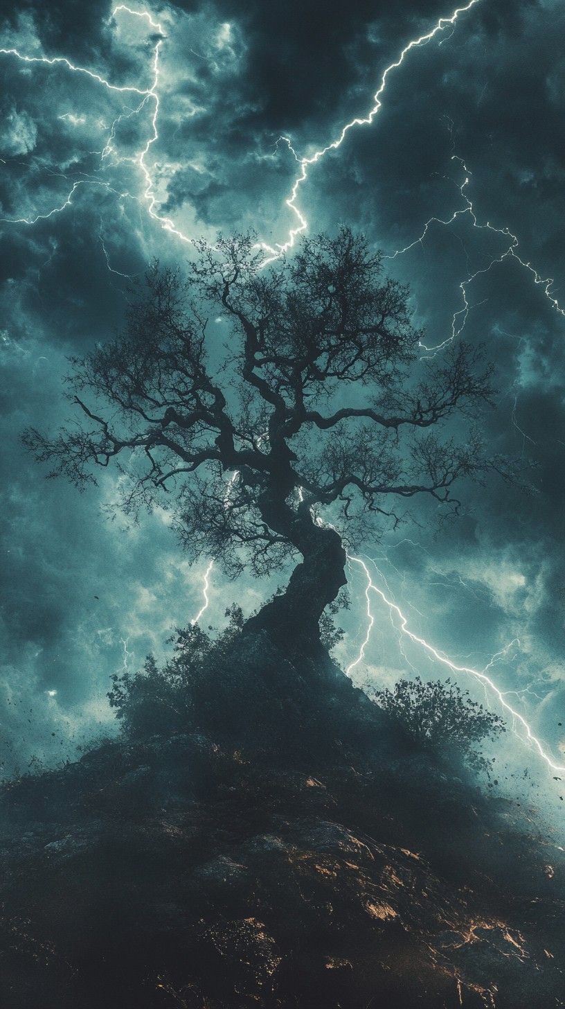 816x1456 Download Lightning Strikes Tree Image, Tree, Night
