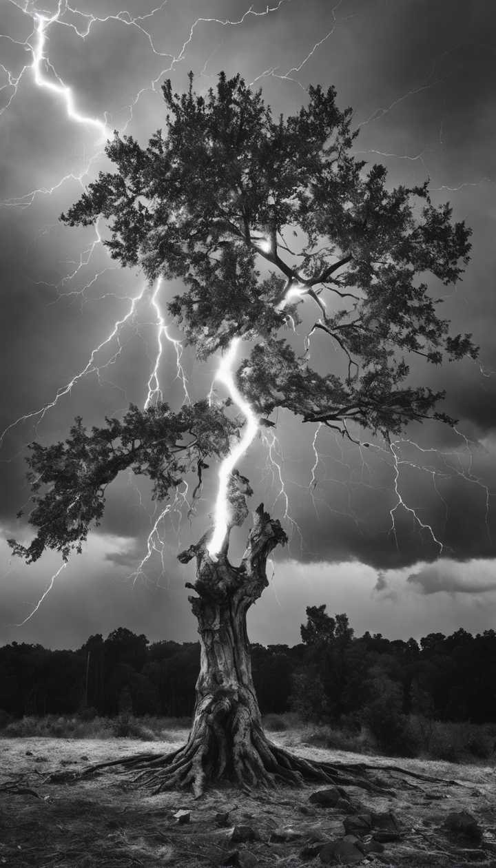 720x1260 Black and white image of a tree struck by lightning, the damage highlighting the enduring strength of nature. Wallpaper [cd926b657f384e87a17b]