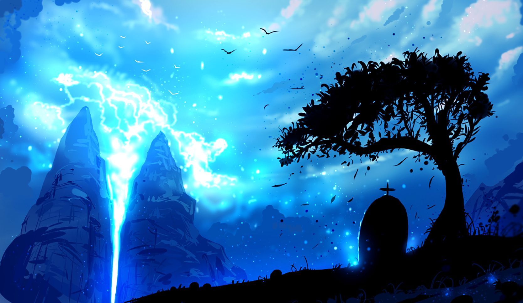 1668x968 Desktop wallpaper: Anime, Original, Bird, Cloud, Grave, Lightning, Sky, Tree 4K free download for PC. 853835