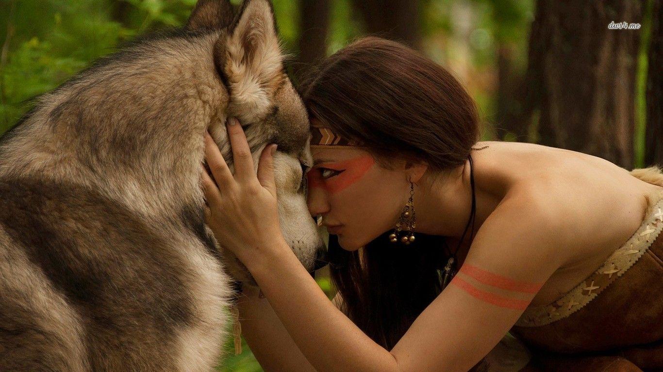 1366x768 Wolf and indian girl HD wallpaper. Wolves and women, Native american drums, Native american music