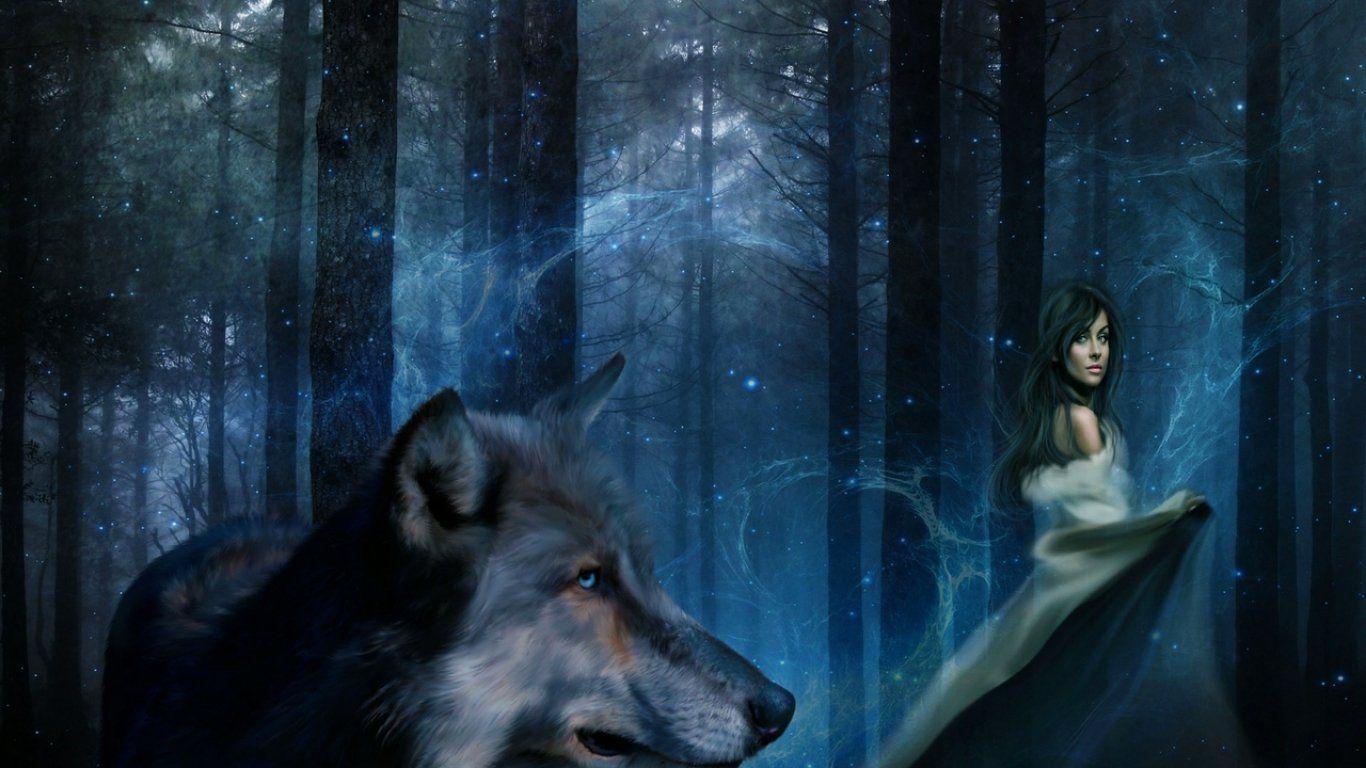 1366x768 Wolf and Girl Wallpaper .