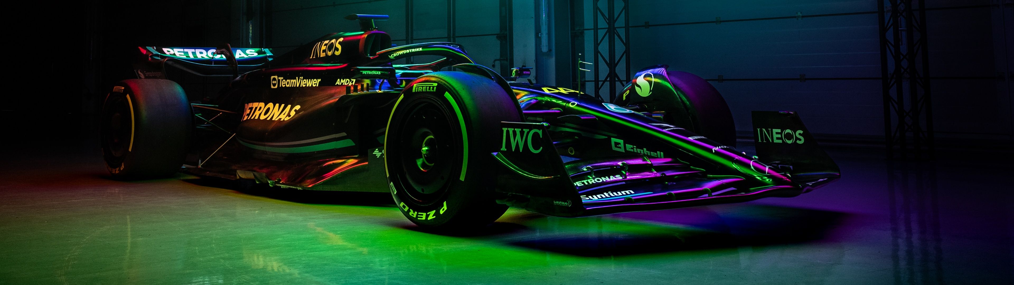 3840x1080 Mercedes AMG F1 W14 E Performance Wallpaper 4K, Neon Lights