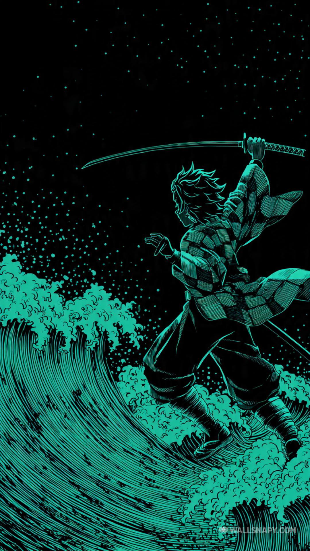 1080x1920 Tanjiro green black anime theme wallpaper