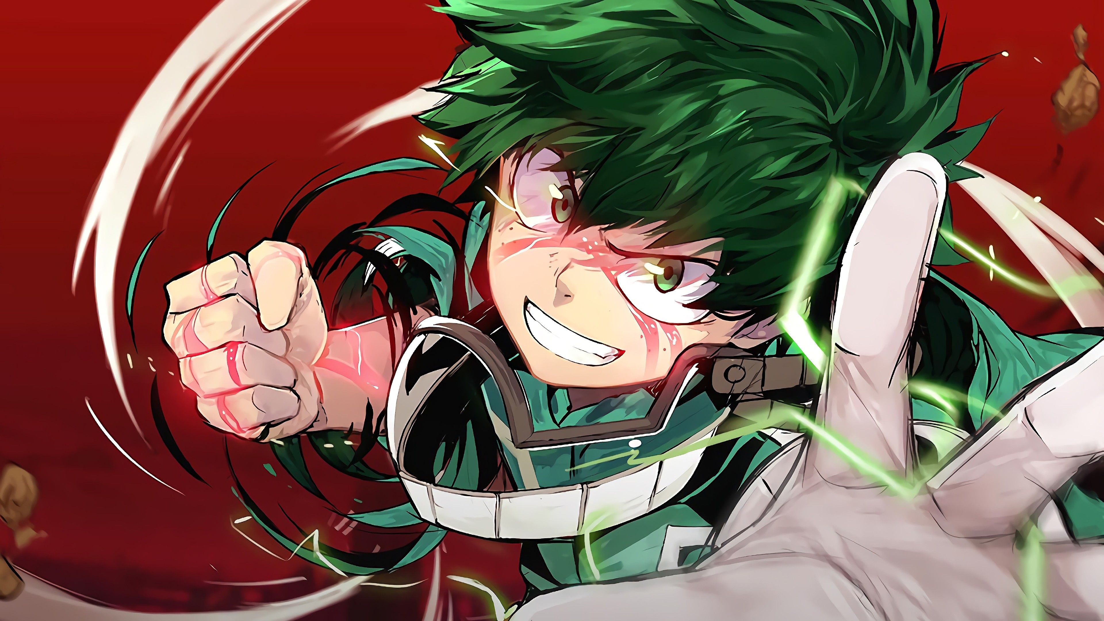 3840x2160 Green Hair Izuku Midoriya Red Background 4K HD My Hero Academia Wallpaper