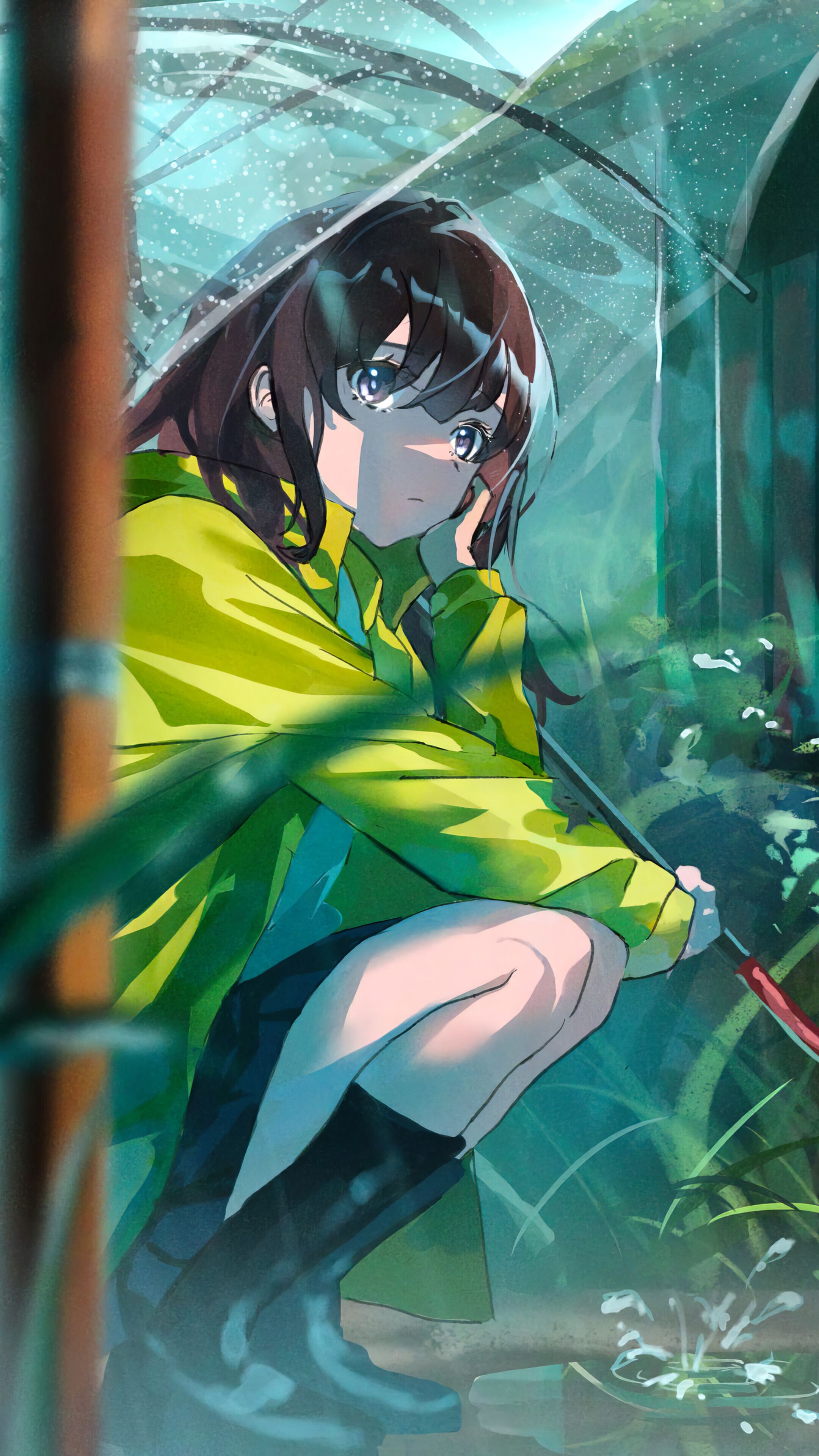 2160x3840 Anime Girl Cat Rain in Shrine 4K Wallpaper iPhone HD Phone h