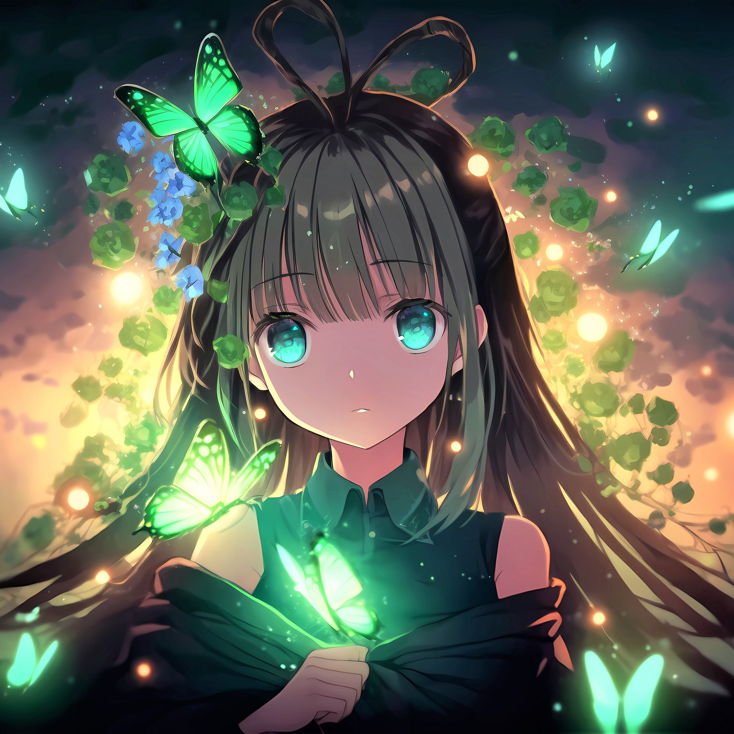 2560x2560 Anime girl Wallpaper 4K, Green eyes, Girly background
