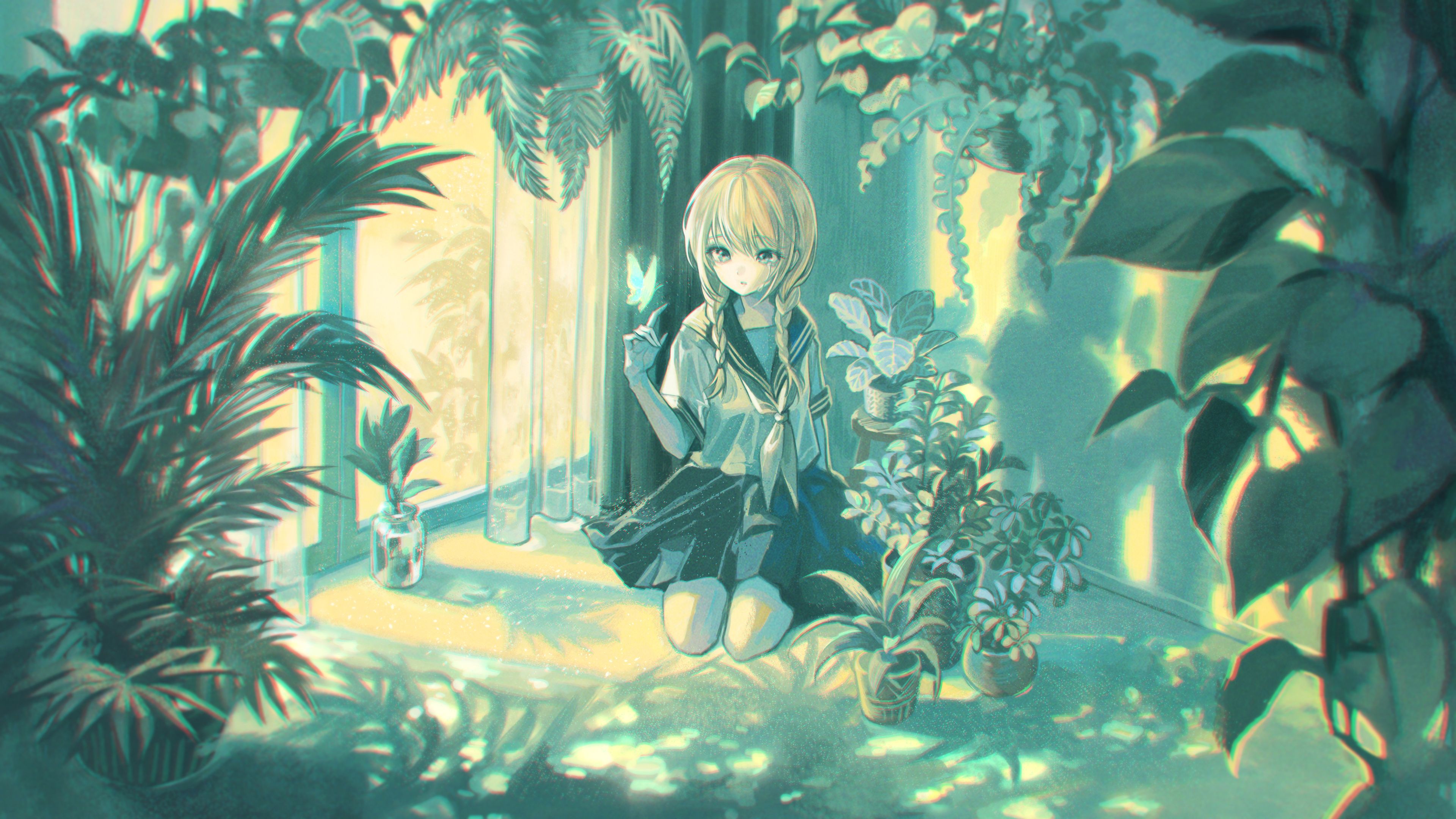 3840x2160 Anime Girl With School Uniform Green Plants Bushes 4K HD Anime Girl Wallpaper