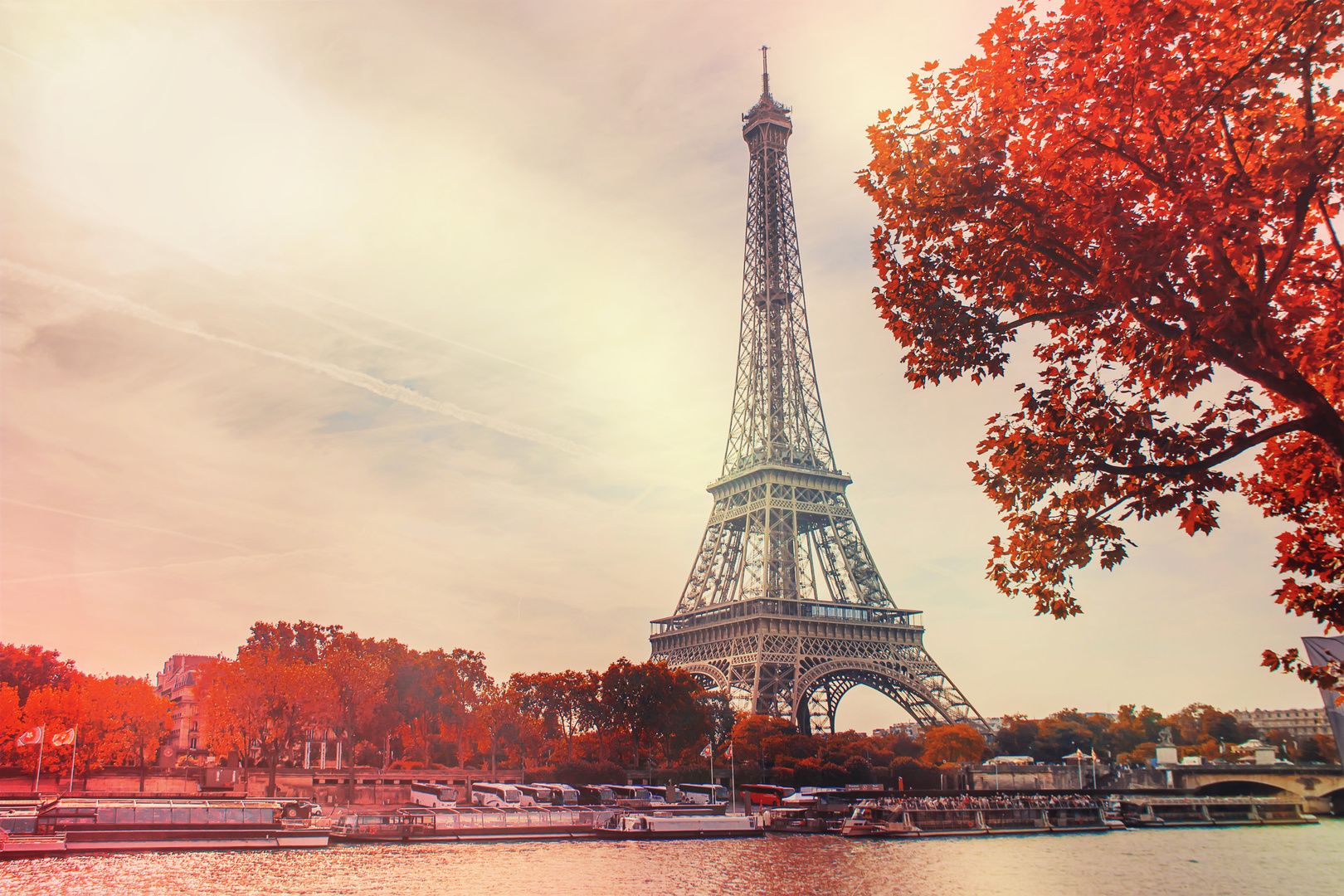 1620x1080 Wall mural Eiffel tower, red leaves of the trees, view from above the Seine