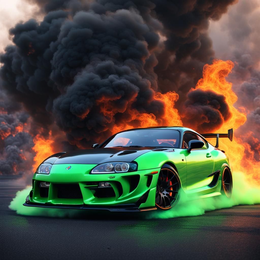 1024x1024 An image of a modified supra mk5 which is producing flames from its exhaust. Background is full of smoke and fire due the exhaust. Color of