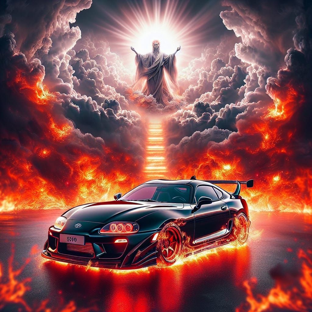 1024x1024 Black Toyota Supra with Fiery Backdrop and Etherea