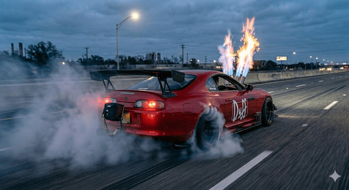 1408x768 Tuned Duff Toyota Supra with quad turbos, hood exhaust etc