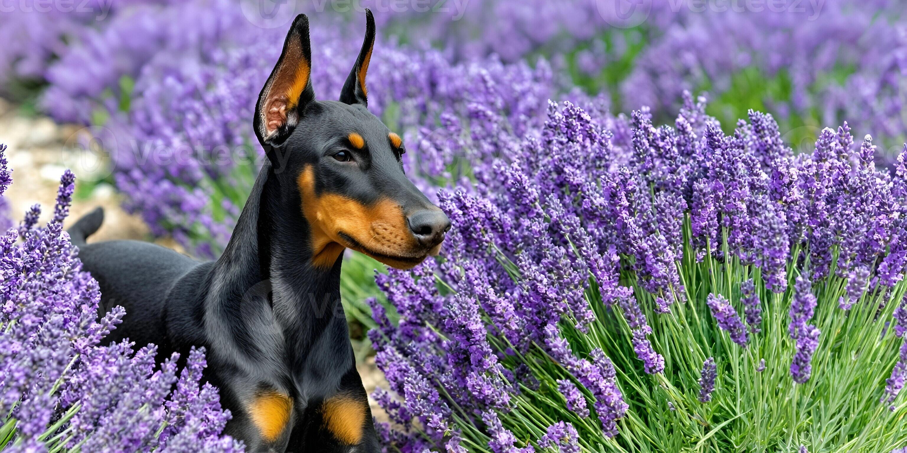 3072x1536 A beautiful black and tan Doberman Pinscher puppy rests peacefully in a field of vibrant purple lavender flowers