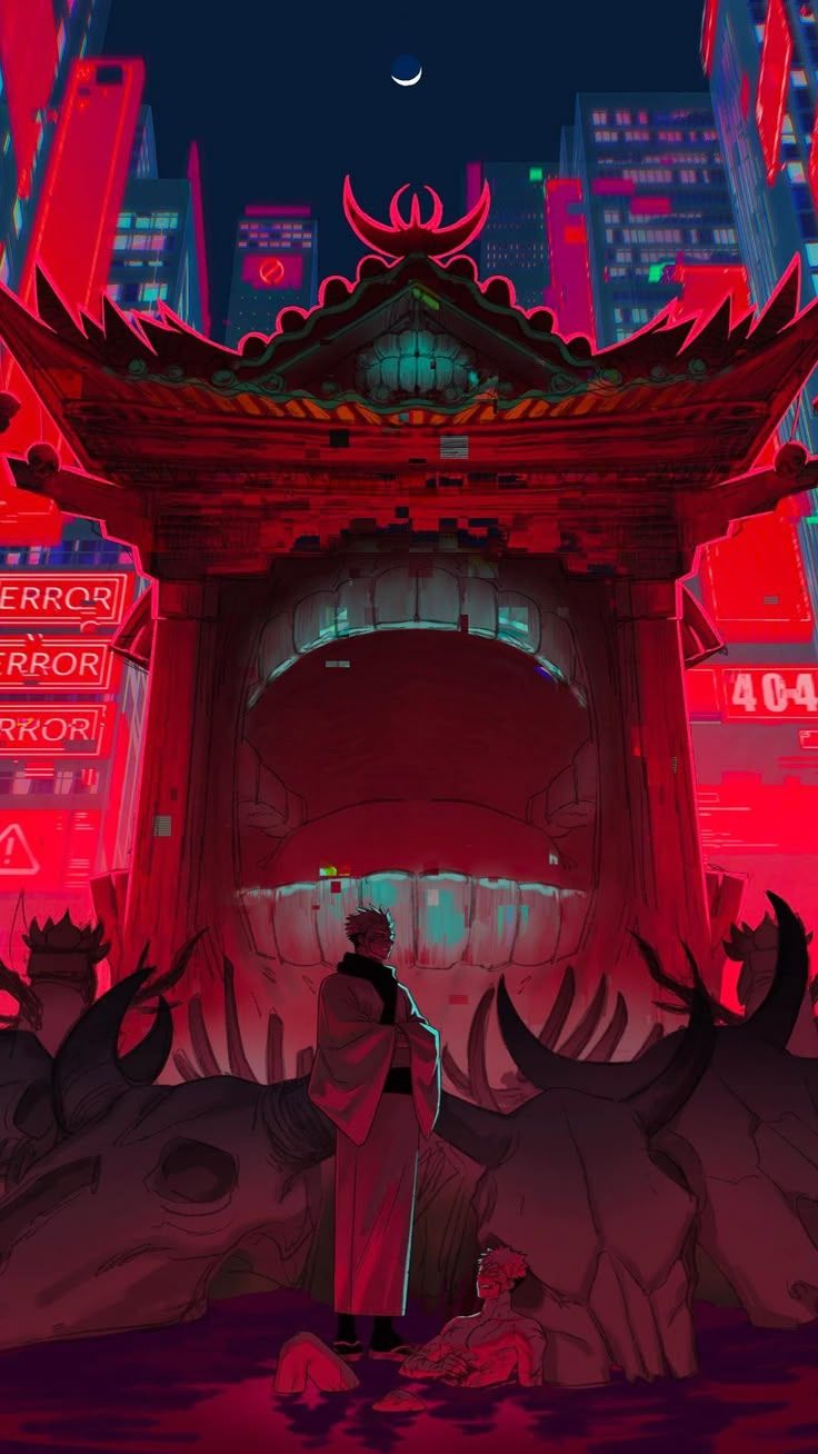 736x1308 Anime characters in front of a tall building with red lights. Sukuna shrine background, Heian