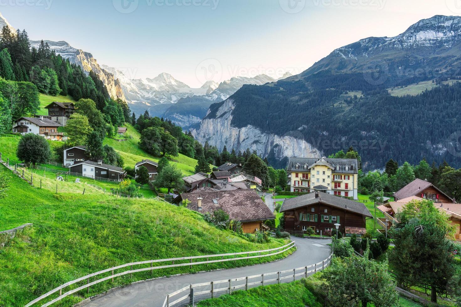 1470x980 Scenery of Wengen mountain village with Lauterbrunnen valley and Jungfrau mountain in Bernese Oberland at Bern, Switzerland