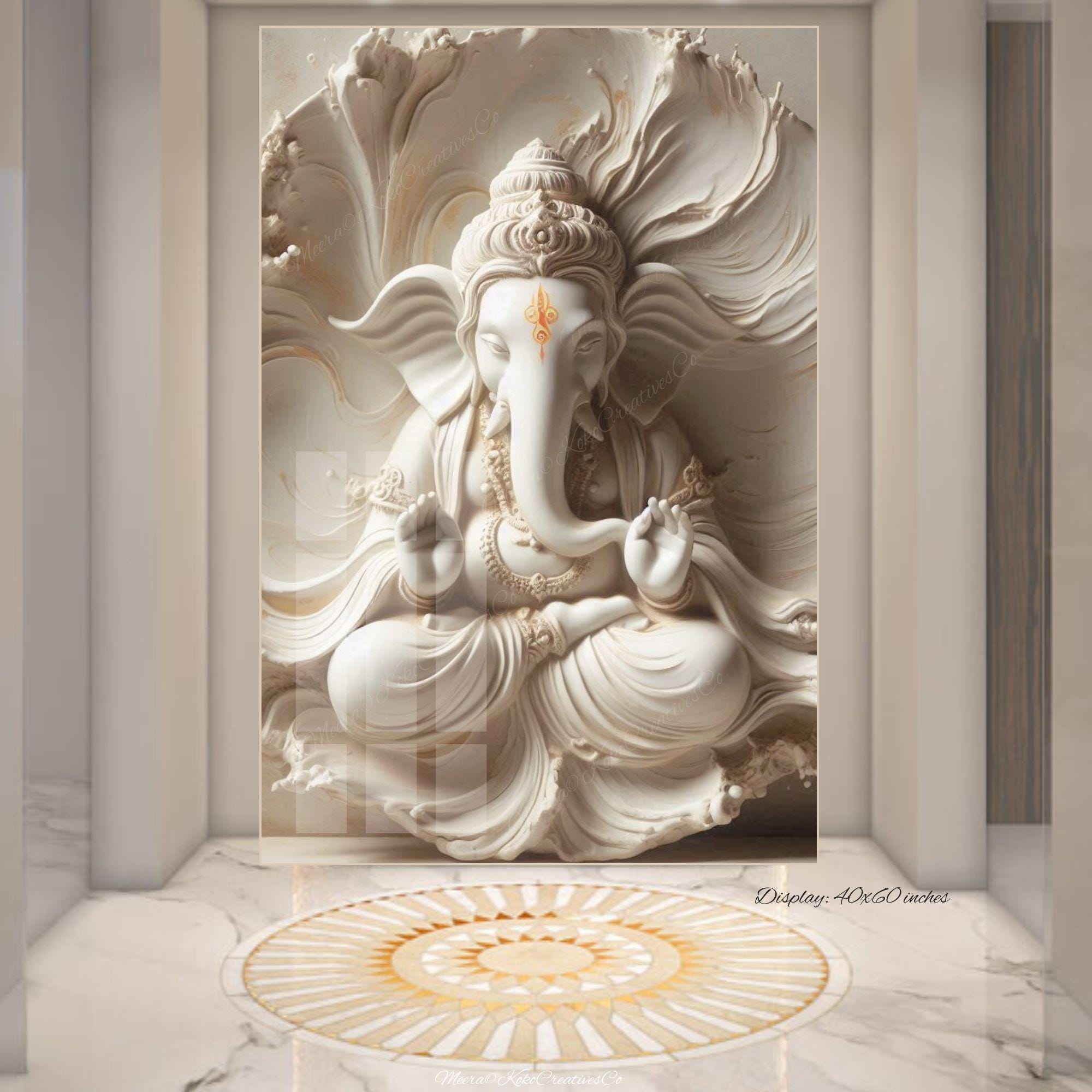 2000x2000 Lord Ganesha 3D Idol Wall Art, 5feet Scratch Resistant Easy Wipe Acrylic Glass, Canvas Print, India Hindu God Statue Mandir Puja Living Room