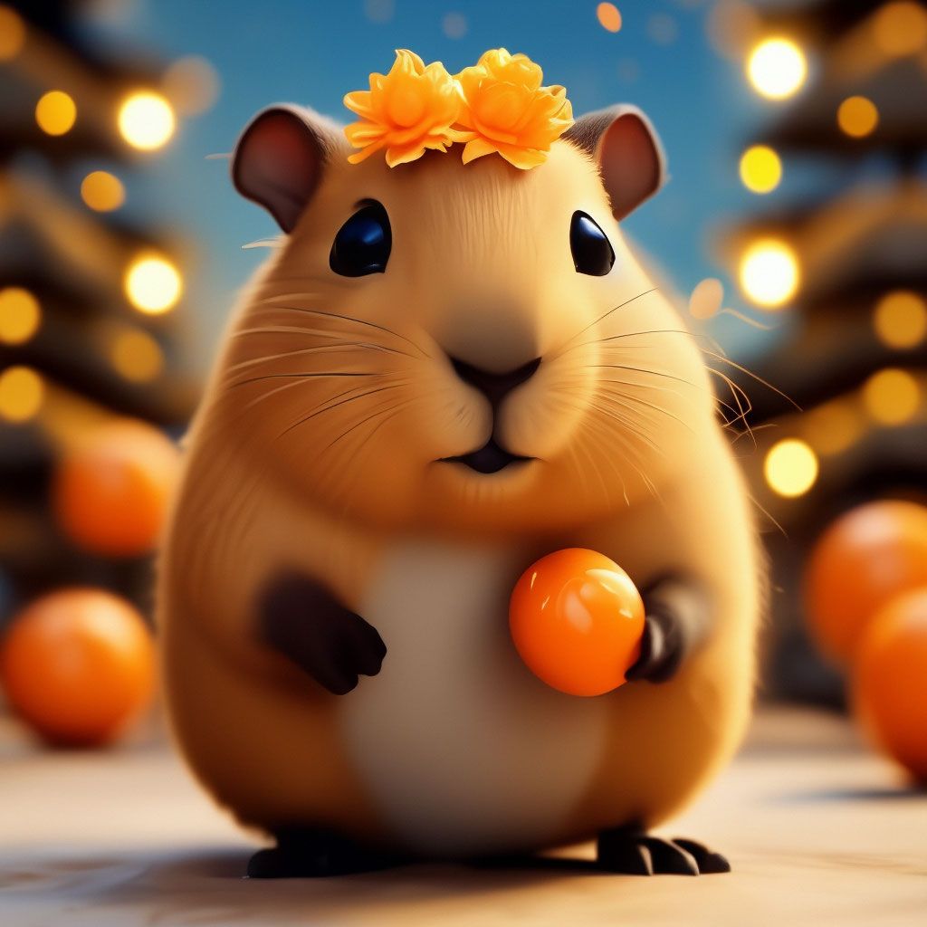 1024x1024 Capybara with tangerine❤ A tiny mini capybara in a 3D cartoon anime style: [ capybara Year's style] On the