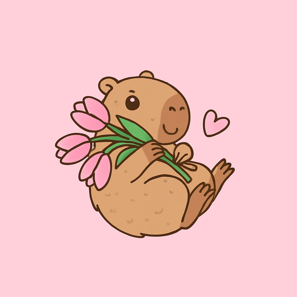 1024x1024 Cute Cartoon Capybara Holding Tulips Illustration Sticker