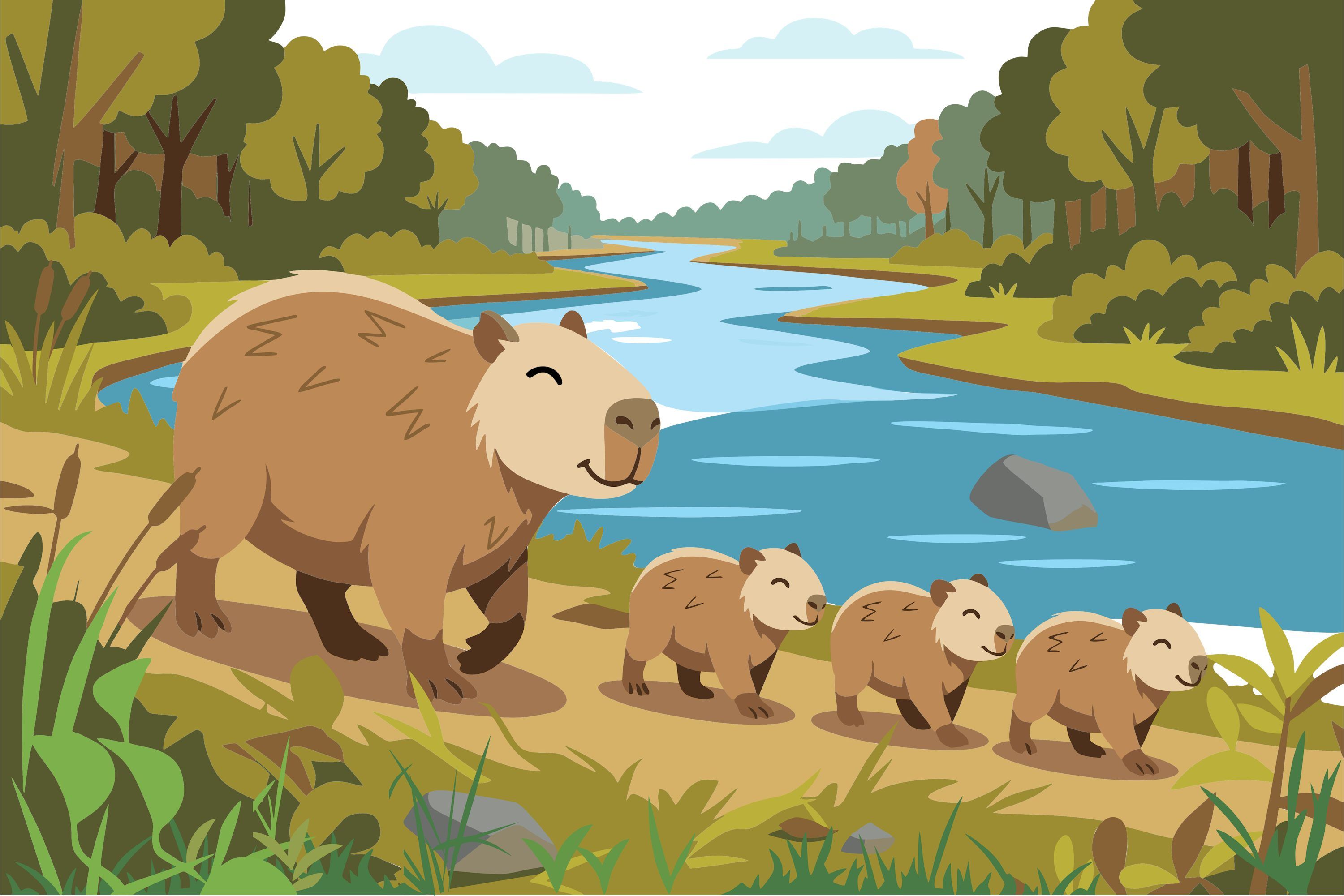 3000x2001 Capybara family walking along a riverbank Vector Illustration