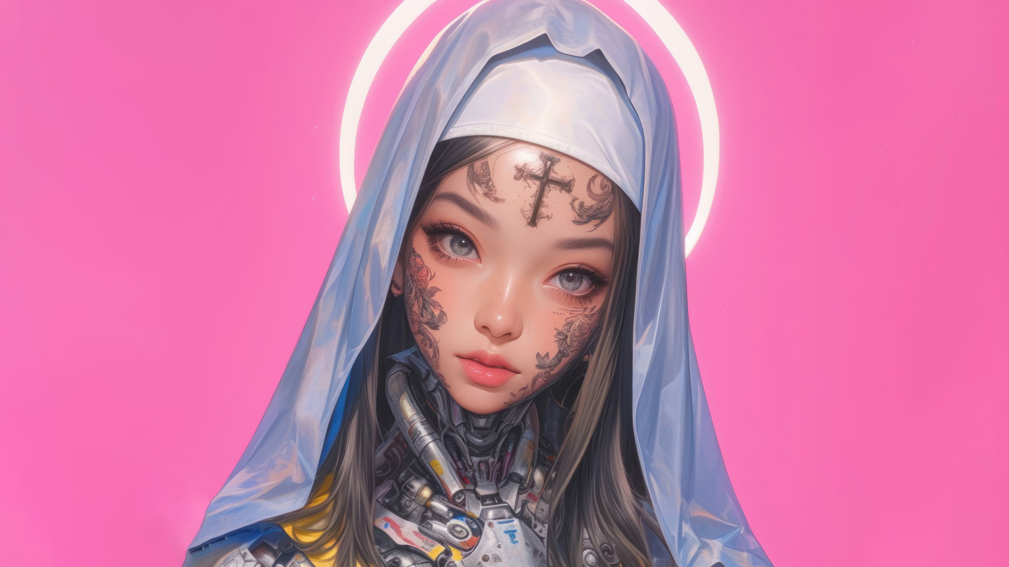3840x2160 Cyberpunk Anime Girl Nun with Tattoo Wallpaper 4K 8K HD PC a