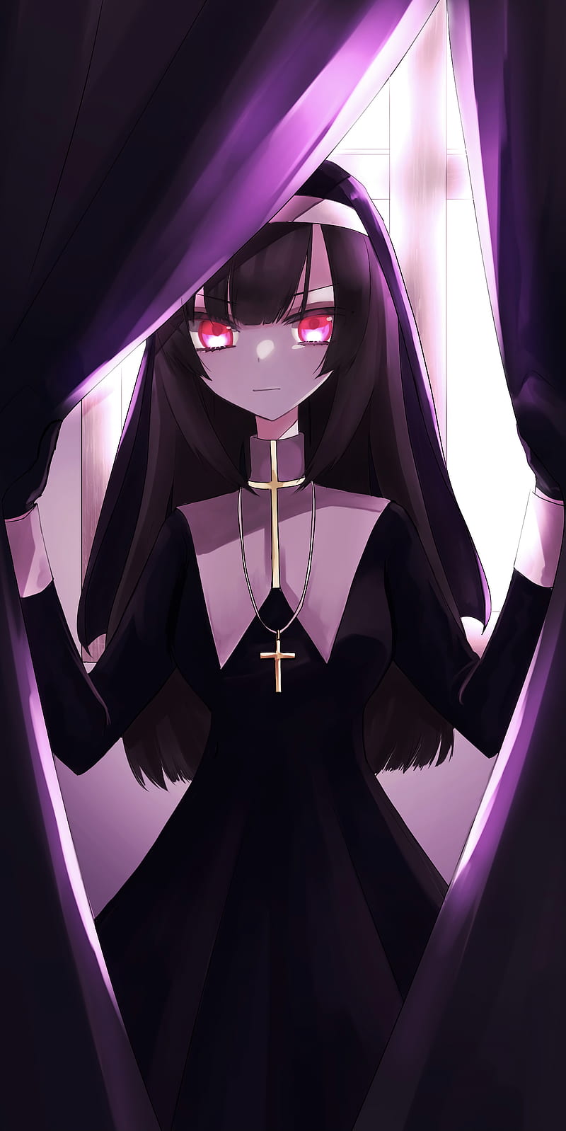 800x1598 Girl, nun, anime, art, purple, HD phone wallpaper