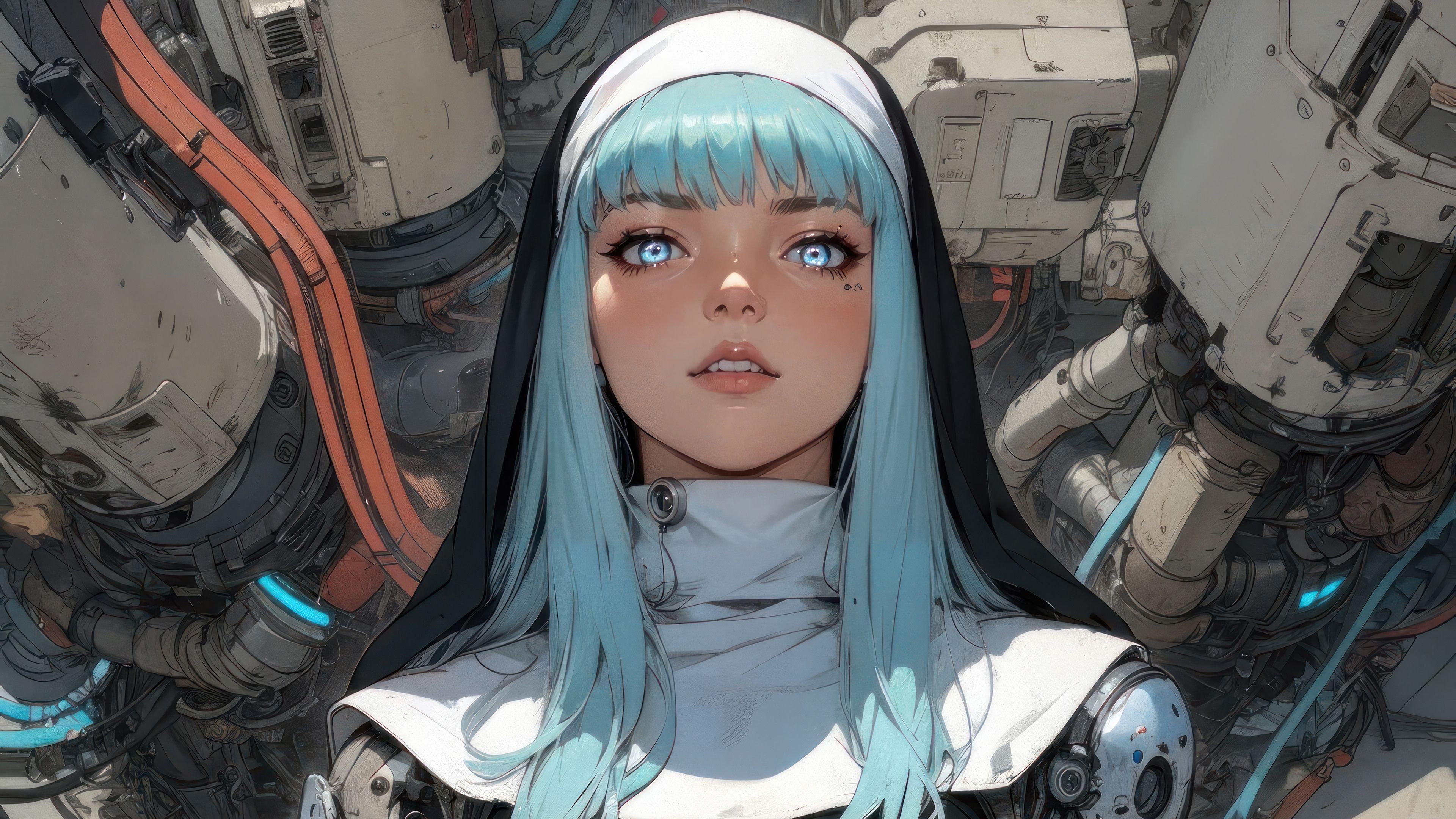 3840x2160 Cyberpunk Nun in a Futuristic Realm