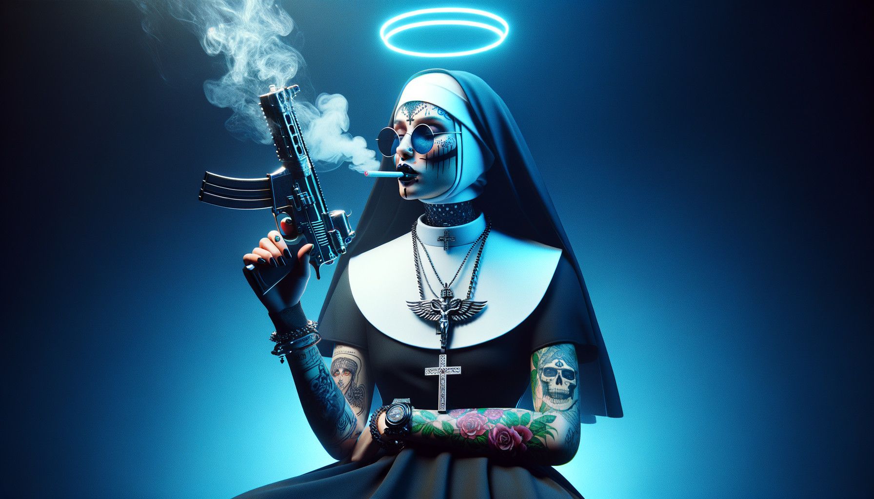 1792x1024 Nun in Traditional Habit with Edgy Accessories and Halo. Deep Dream Generator