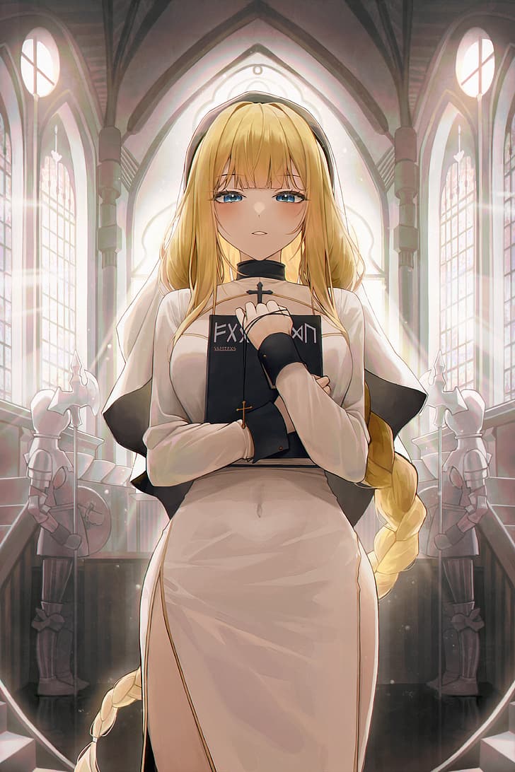 728x1092 5760x1080px. free download. HD wallpaper: anime, anime girls, nuns, nun outfit, blonde, braids, blue eyes