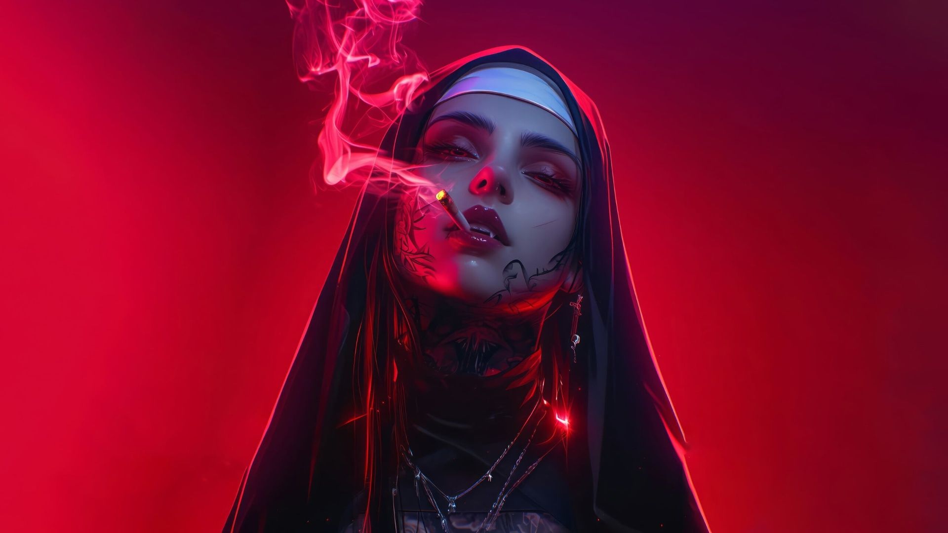 1920x1080 Cyberpunk Vampire Nun Ascends in Smoky Aura