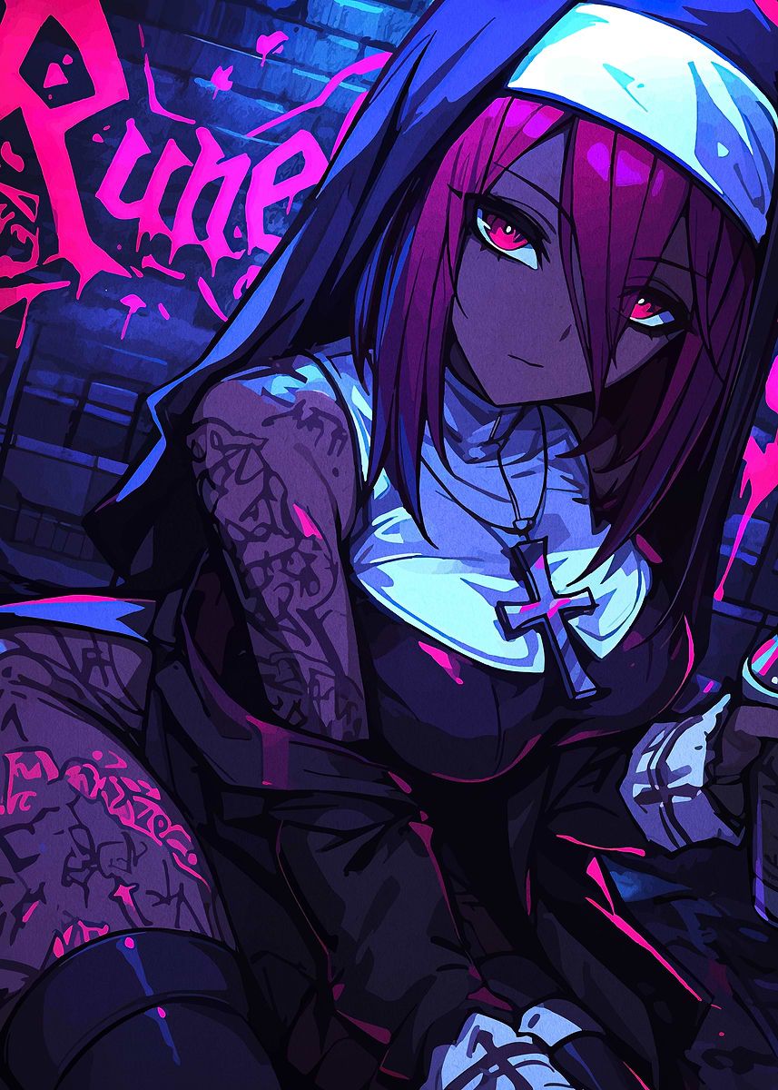 857x1200 Anime Nun with Tattoos and Cross' Poster, picture, metal print, paint