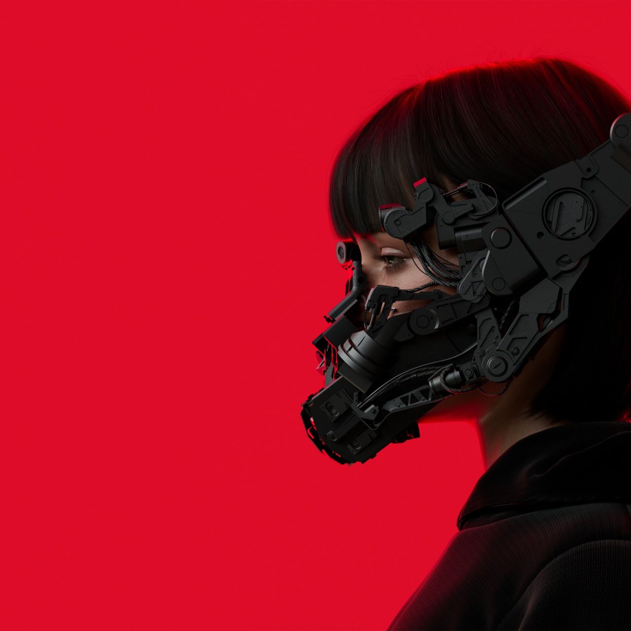 1280x1280 Cyberpunk Wallpaper 4K, Red background, girl, Futuristic