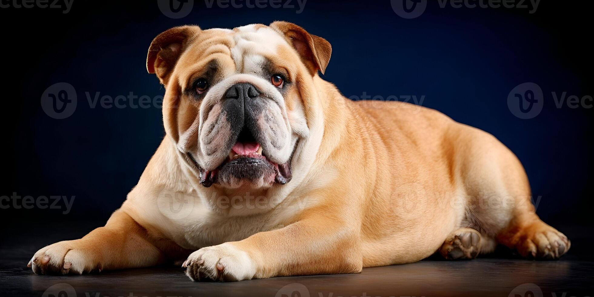 1960x980 A charming English bulldog lies calmly on a dark studio background with an expressive open mouth