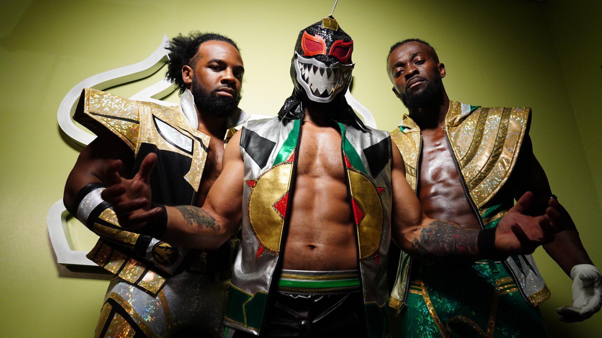 1920x1080 WWE Superstar Lince Dorado, Dressed Up In His Dragonzord Inspired Gear, Posing With Kofi Kingston And Xavier Woods In Their Power Rangers Inspired Gear