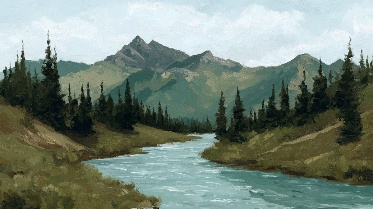 1200x673 Alpine Pine River Mural Wallpaper