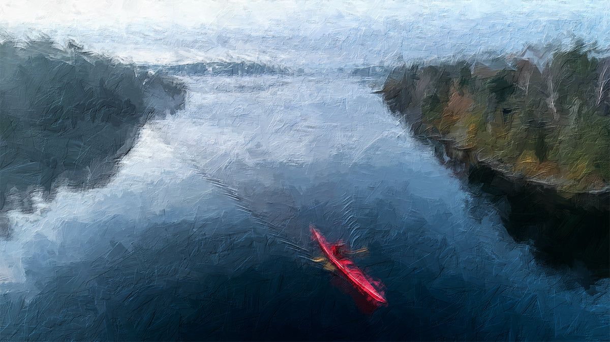 1200x673 Red Kayak Forest River Mural Wallpaper. Aerial View, Oil Painting, Moody Tones, Natural Landscape