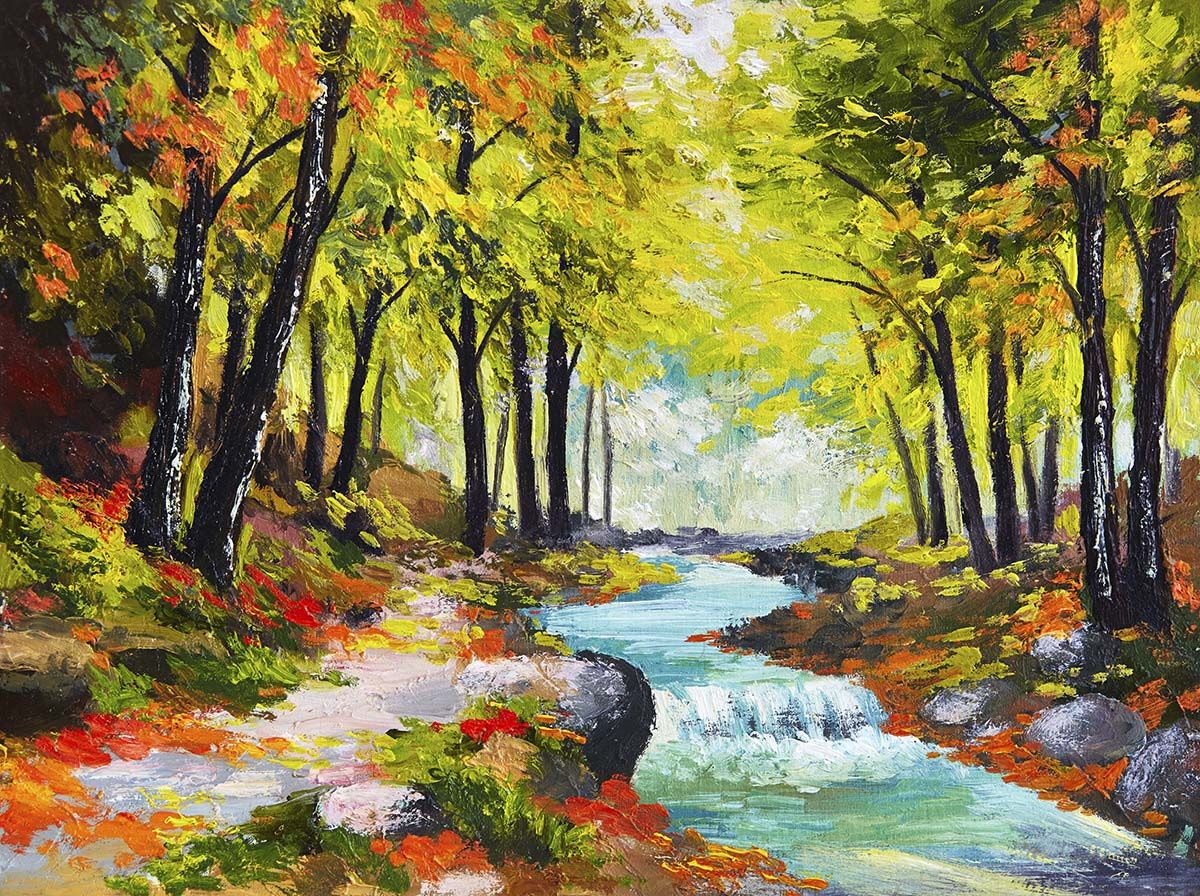 1200x896 Forest River Painting Scene for Peaceful Wall Ambience Wallpaper®