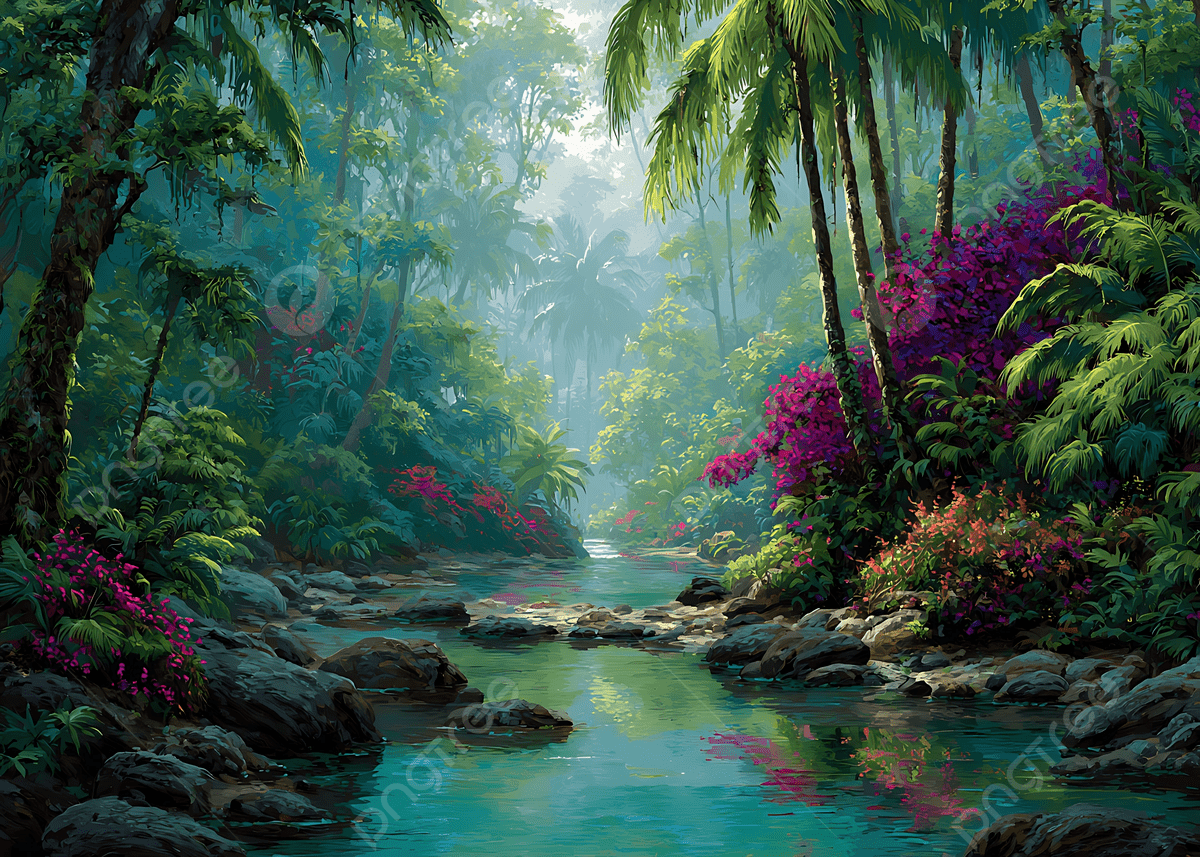 1200x857 Serene River Scene Lush Tropical Jungle Tranquil Paradise Artistic Digital Painting Peaceful Escape Art, Serene, River, Scene Background Image And Wallpaper for Free Download