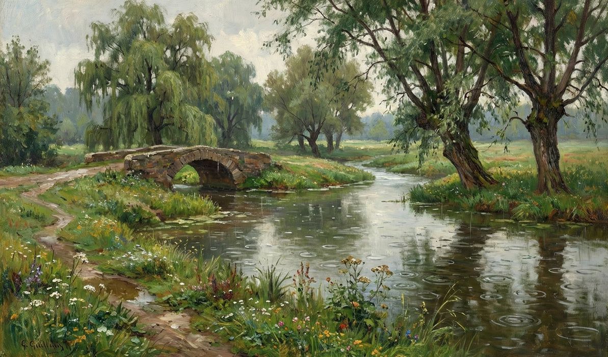 1193x700 Riverside Stone Bridge Impressionist Mural Wallpaper