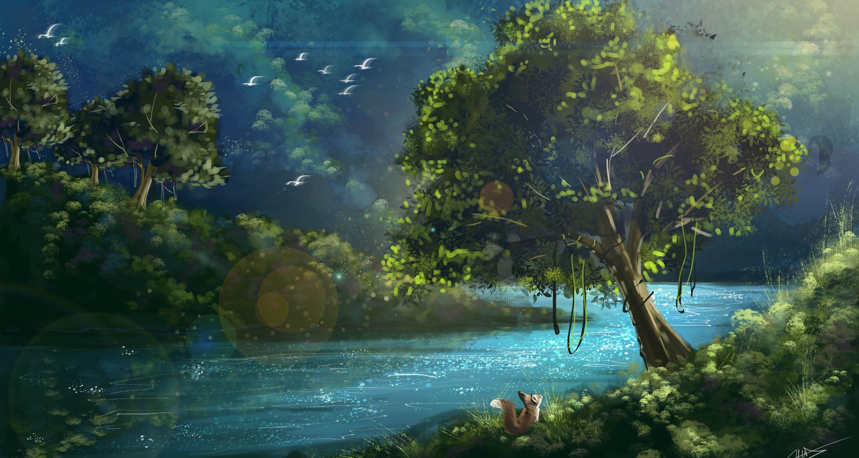 2953x1577 landscape, Summer, Art, Trees, Rays, Foliage, Green, Nature, Squirrel, Ptittsy, Painting, Small, River Wallpaper HD / Desktop and Mobile Background