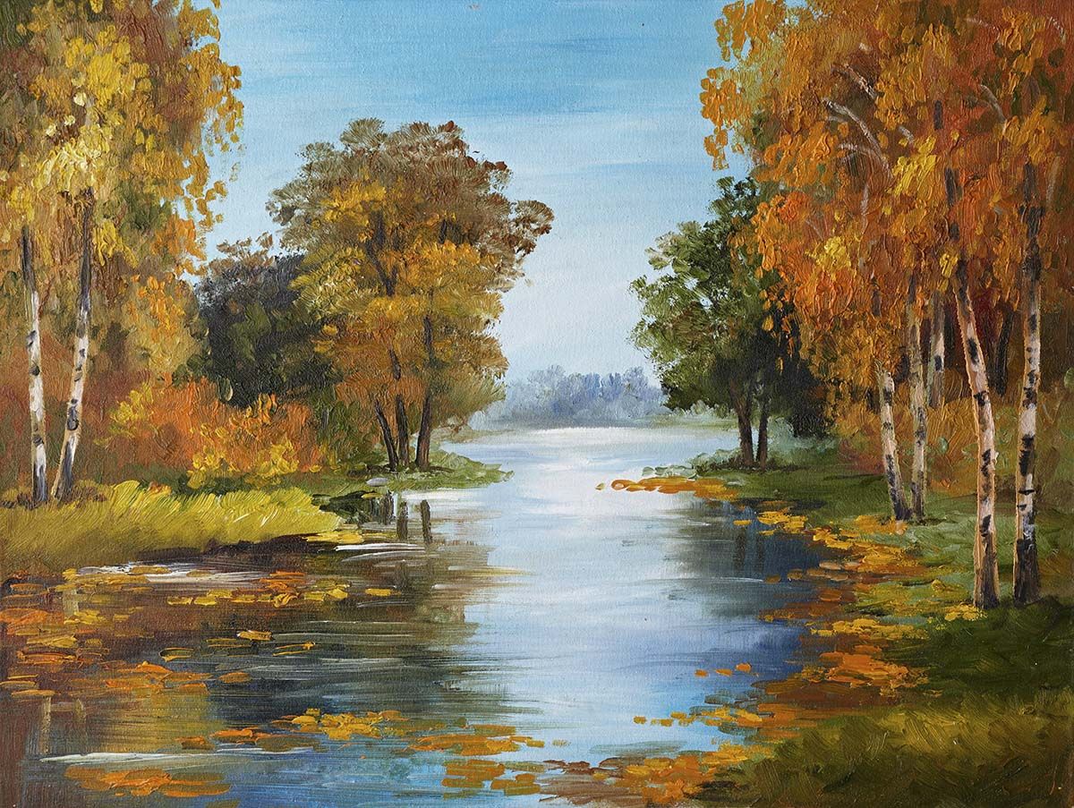 1200x903 River Painting with Trees and Grass Wall Mural Wallpaper®