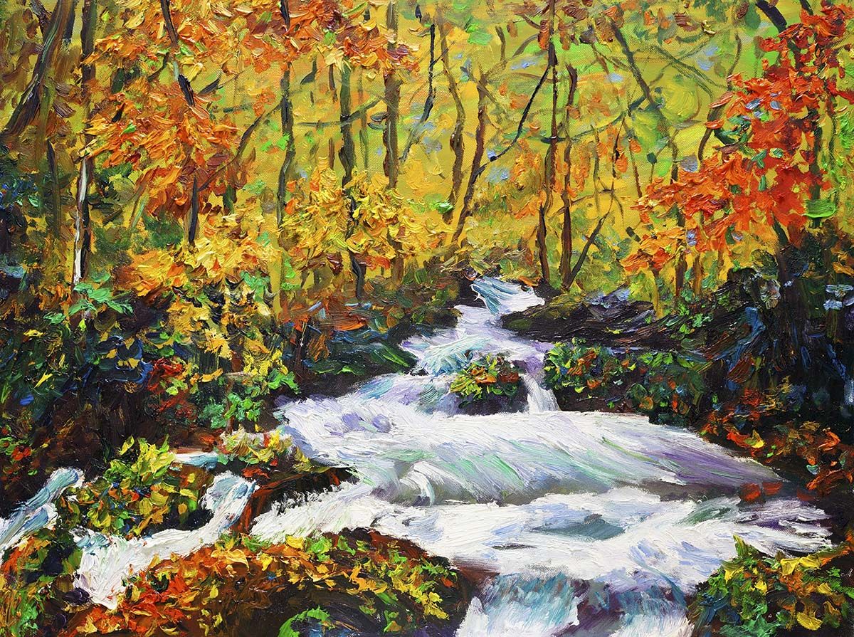 1200x895 Peaceful River in the Forest Painting Wallpaper®