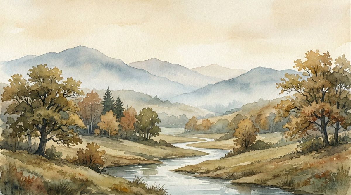 1200x666 Watercolor Autumn River Valley Mural Wallpaper
