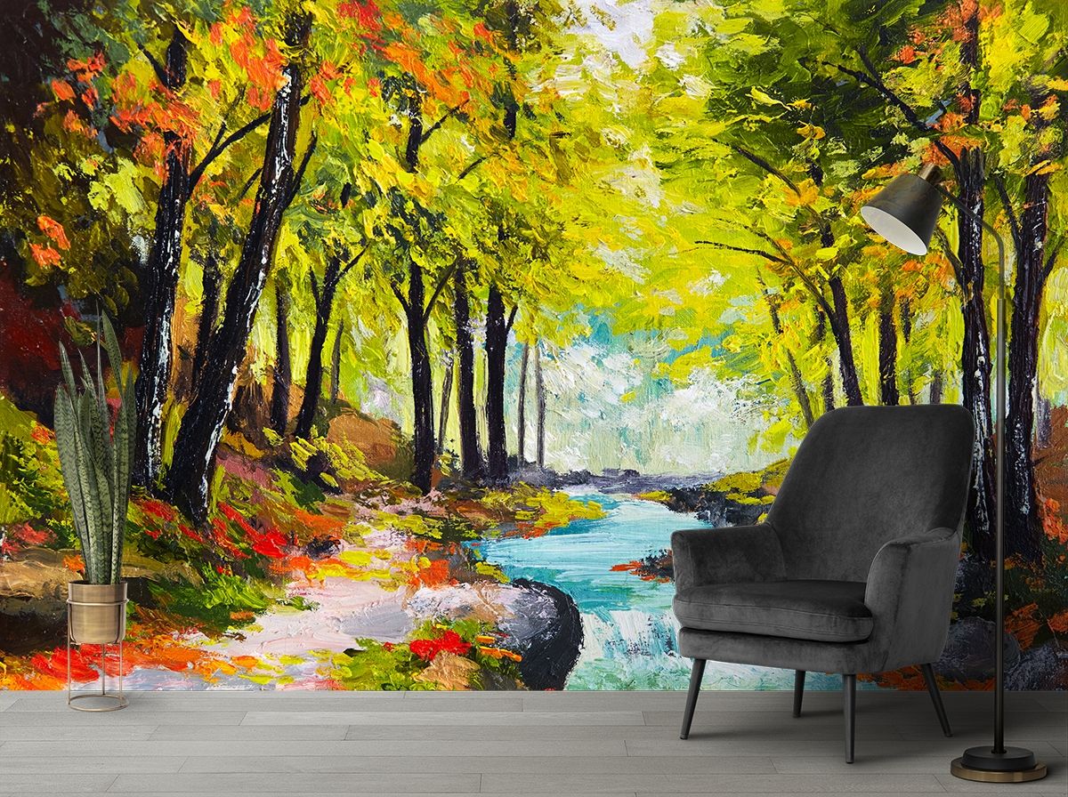 1200x896 Forest River Painting Scene for Peaceful Wall Ambience Wallpaper®