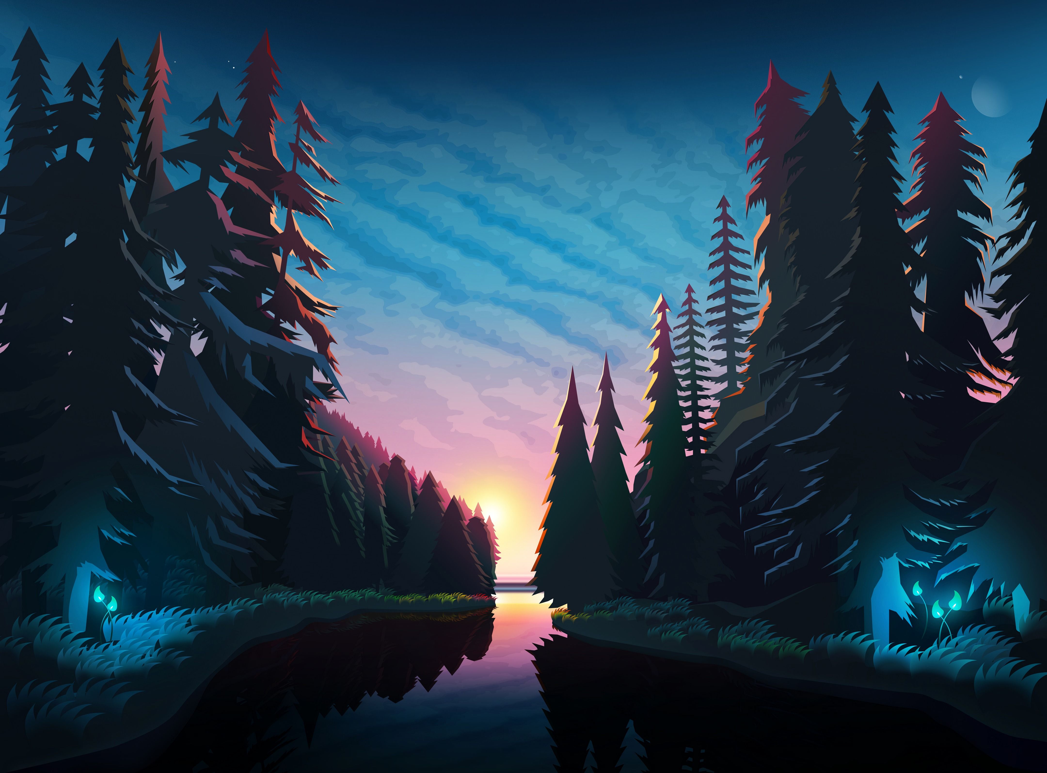 4320x3188 Download wallpaper 4320x3188 river, forest, sunset, landscape, art HD background